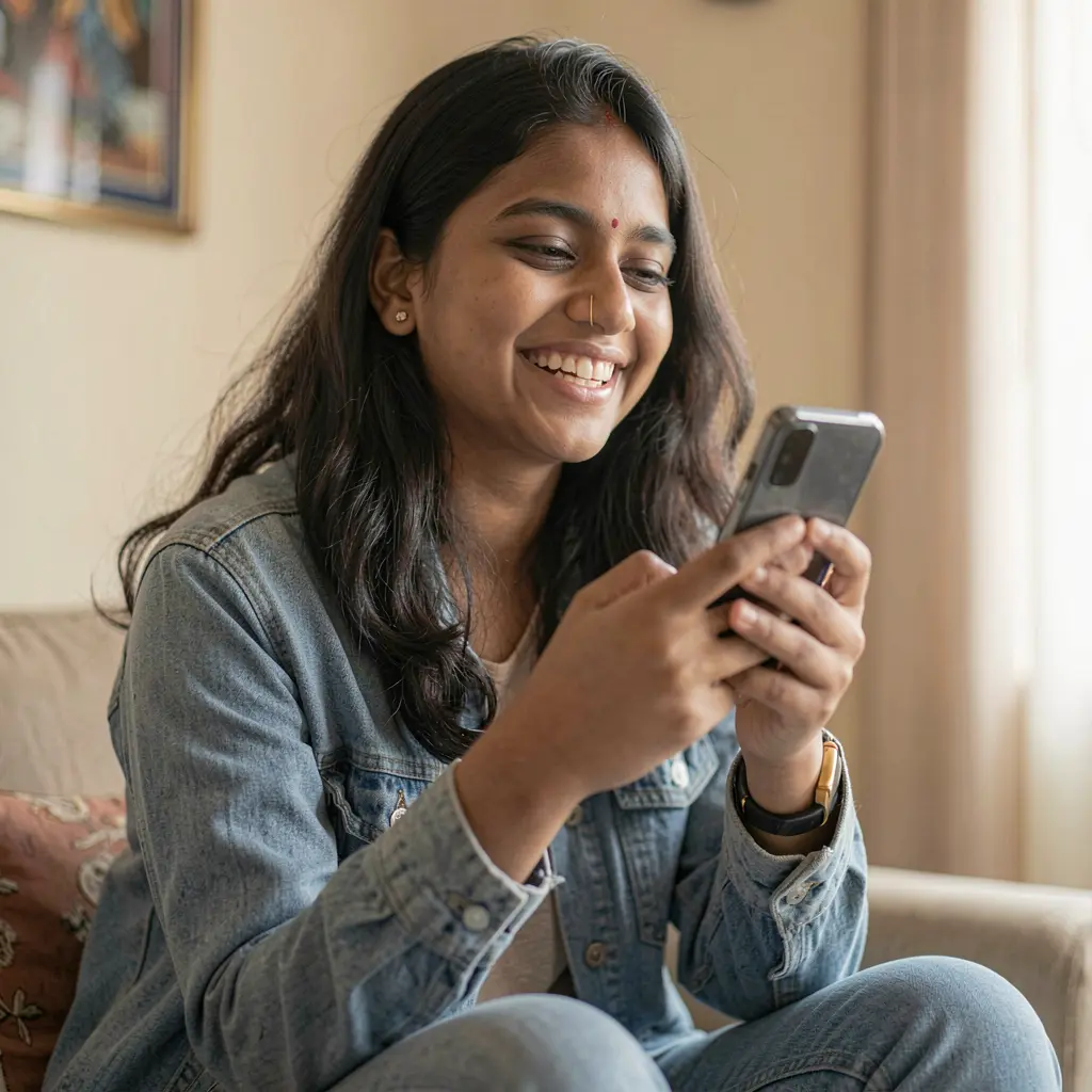 Young Bangladeshi woman smiling while using the 930k casino app on her phone in a cozy indoor setting