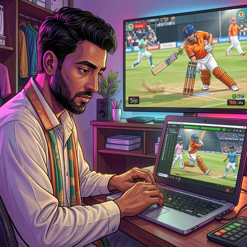 Confident Bangladeshi sports bettor analyzing live cricket odds on a laptop with colorful market visuals using the 930k betting platform
