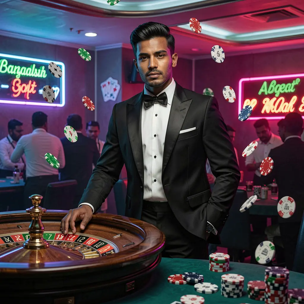 Sophisticated casino dealer in a tuxedo standing by a roulette table with vibrant lights and floating chips representing the high quality live casino experience at 930k for players in Bangladesh