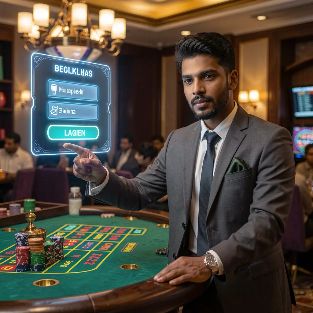 Stylish Bangladeshi casino dealer pointing at a glowing holographic login panel above a roulette table representing 930k